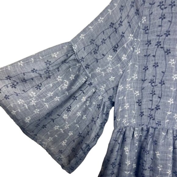 Umgee Womens Floral Chambray Baby Doll Dress Size M Blue Bell Sleeves Boho Twee - Picture 5 of 13